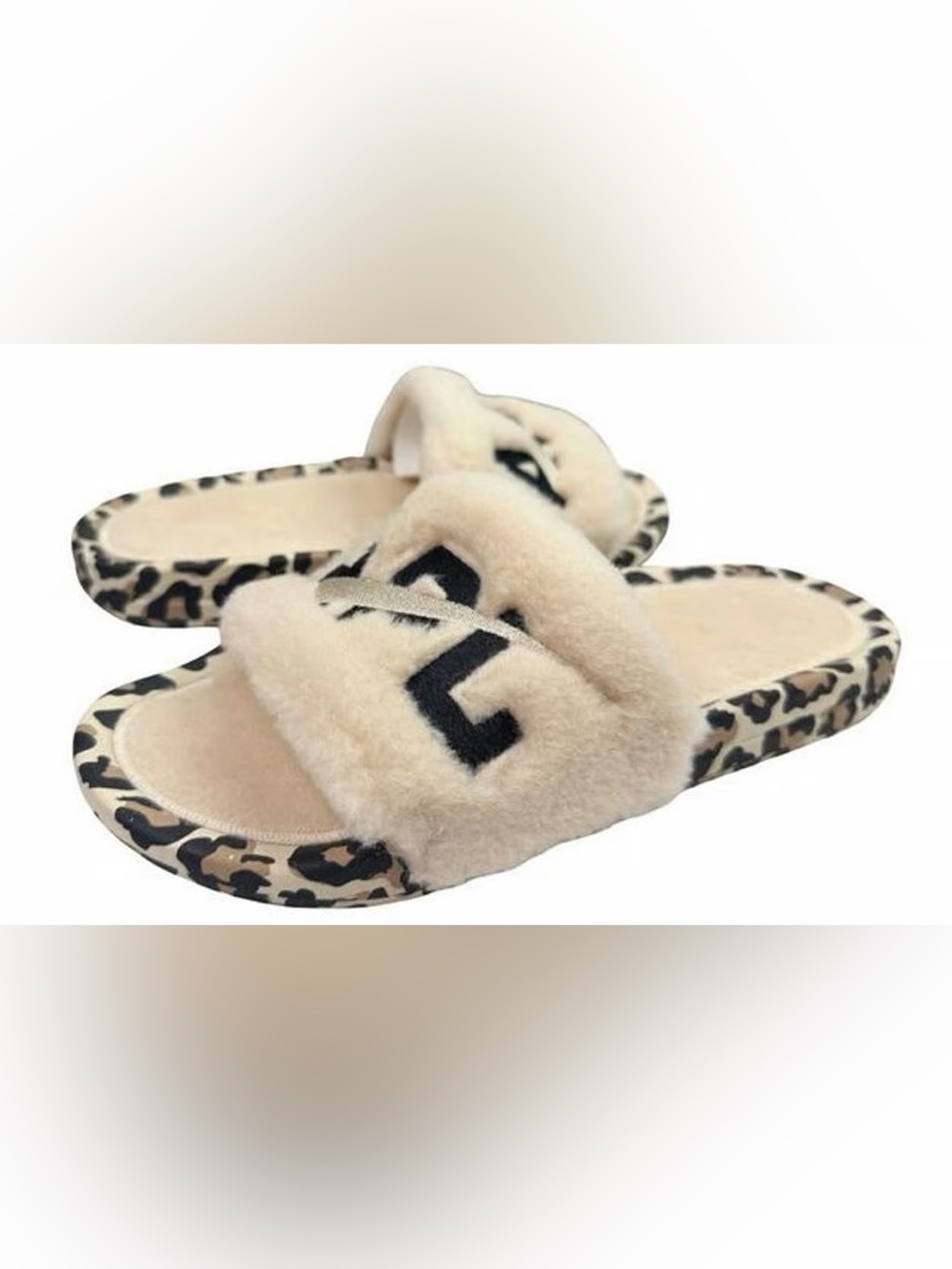 APL Parchment Shearling Leopard Print Slides NIB Sz 9 Giftable